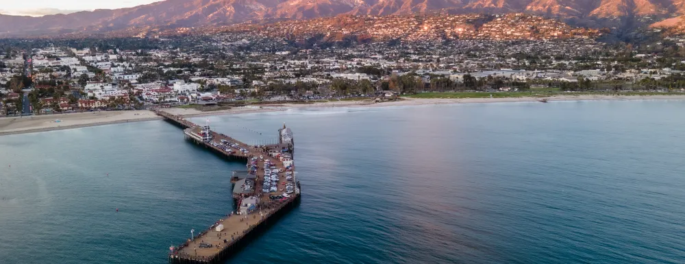 aerial view of santa barbara looking north from the sky above sterns wharf
