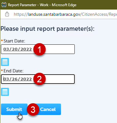 Select the period of time you wish to view permit activity by (1) entering a Start Date in the first box, (2) End Date in the next box below, and then (3) clicking on the Submit button to run the report.
