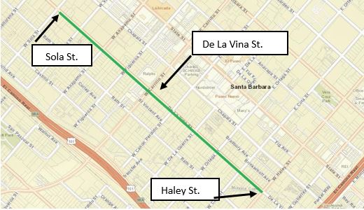 Construction map with a green line on De La Vina Street from Sola to Haley Streets. 