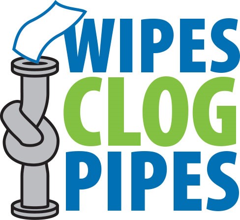 Graphic of a twisted pipe with the words "Wipes Clog Pipes"
