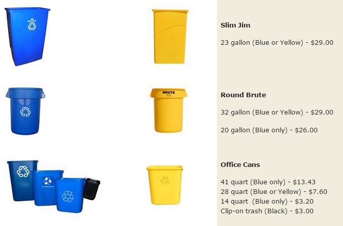 DIfferent size recycling and composting bins and their prices