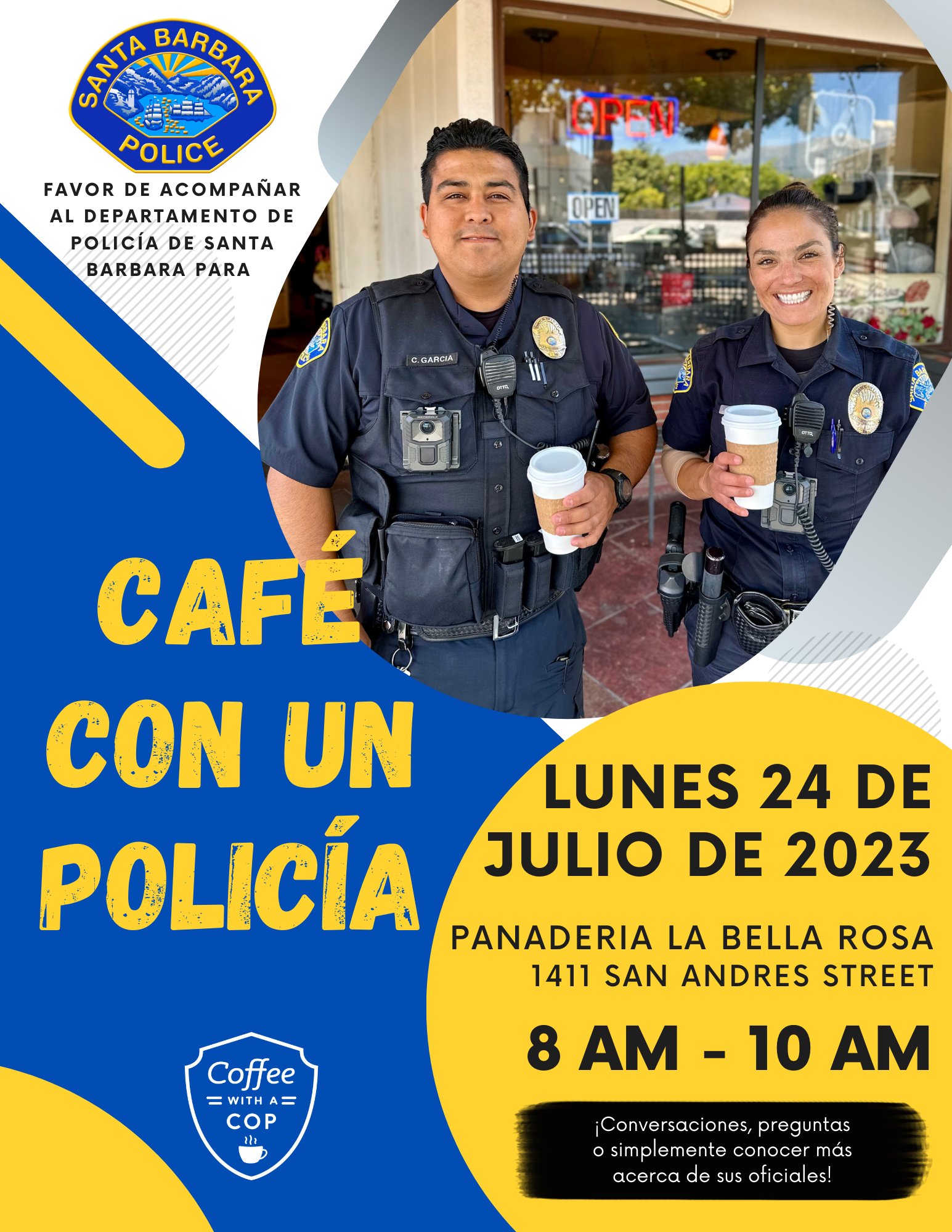 Coffee with a cop Flyer July 24, 2023 Spanish