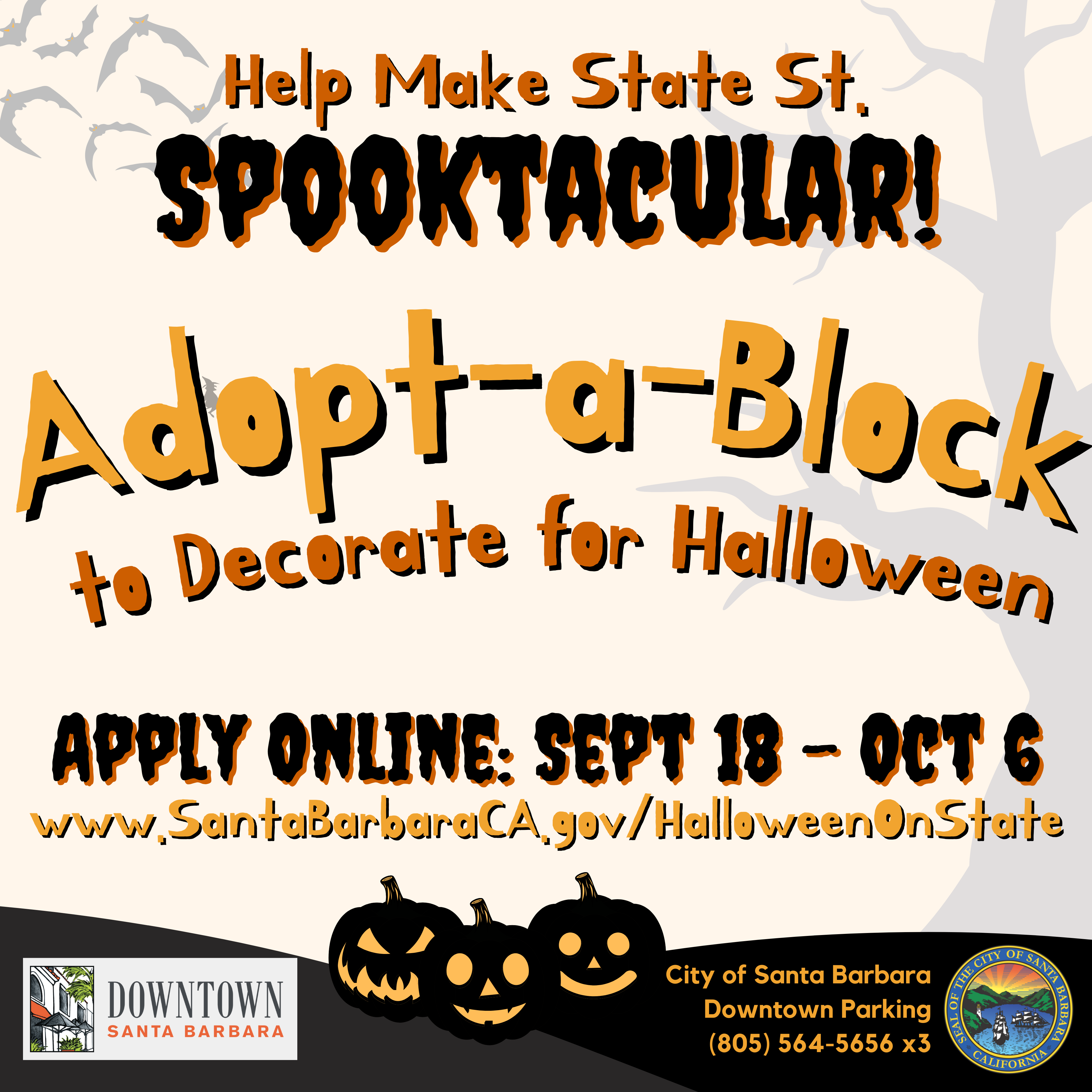 Flyer for event: "Help Make State St. Spooktacular! Adopt-a-Block to Decorate for Halloween Apply Online: Sept. 18 - Oct 6