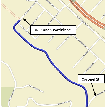 Map of Loma Alta Drive noting the closure from Coronel Street to West Canon Perdido Street.