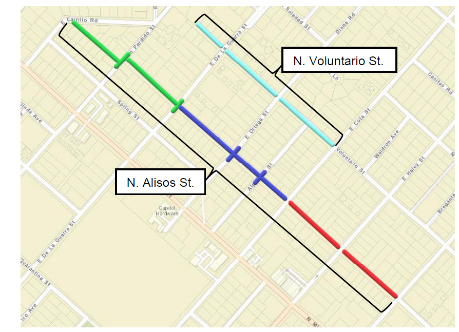 Map of paving area for Alisos and Voluntario Streets