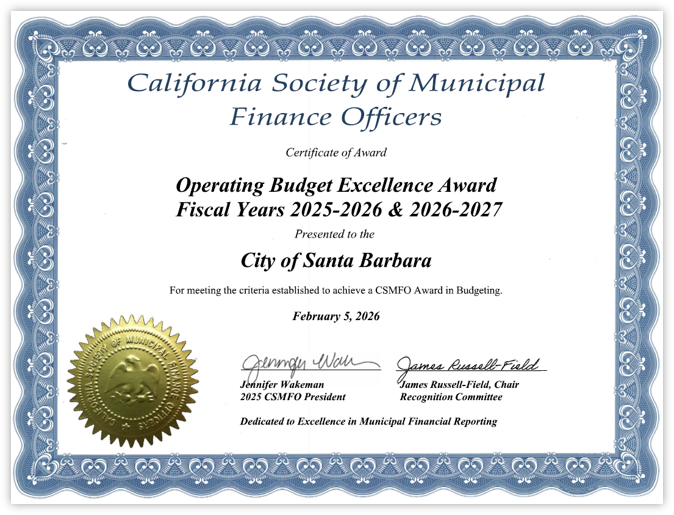 CSMFO Operating Budget Exellence Award FY2026-2027