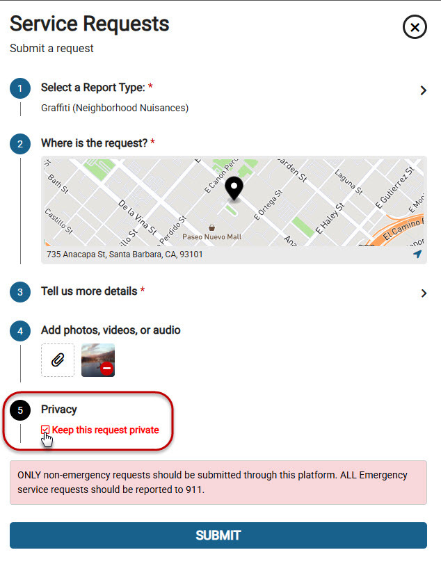 SB Connect request submittal screen showing the Privacy setting as "Keep this request private".