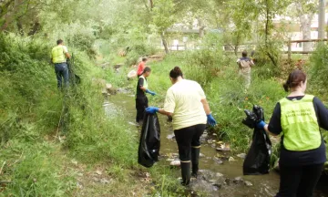 Community volunteers participate in a creek clean-up