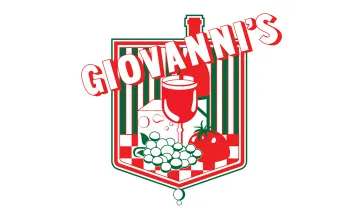 Giovanni's Pizza logo with bottle and glass of wine, cheese, olives, and tomato