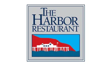 The Harbor Restaurant logo featuring a blue wave in front of a white wharf and building, with red mountains and blue sky in the background