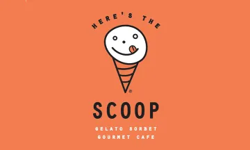 Here's the Scoop logo with an ice cream cone with a happy face and text "Gelato Sorbet Gourmet Cafe"