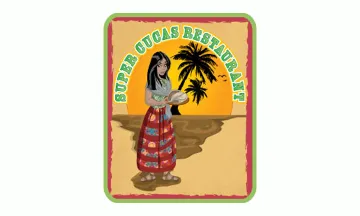 Super Cucas Restaurant logo featuring a woman on the beach holding a plate of Mexican food with palm trees in the background
