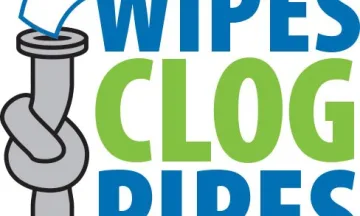 Graphic of a twisted pipe with the words "Wipes Clog Pipes"