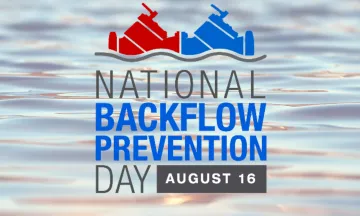 Logo reading "National Backflow Prevention Day - August 16" with water design behind the words