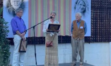 Nicole Hernandez, Architectural Historian, MFA, accepting her award. William T. Mahan, FAIA, award recipient on the right. Steve Hausz, President, Treasurer, The Santa Barbara Conservancy (and Vice Chair of the Historic Landmarks Commission), on the left. 