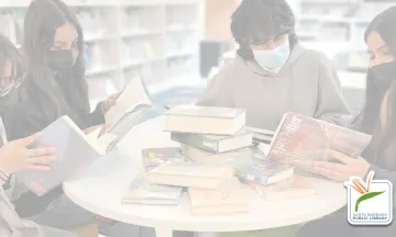 This image shows a group of teens sitting around a table engaged in a friendly discussion with the SBPL Library logo