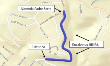 Map of the paving area showcasing Alameda Padre Serra to Clifton Street and Eucalyptus Hill Road. 