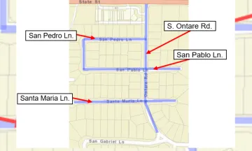 Map showing the construction area, including South Ontare Road, San Pedro Lane, San Pablo Lane, and Santa Maria Lane