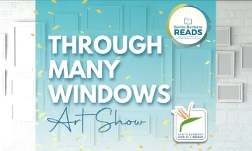 Blue graphic with white text that reads "Through Many Windows Art Show"