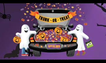 Two animated ghosts standing on either side of a car trunk filled with candy