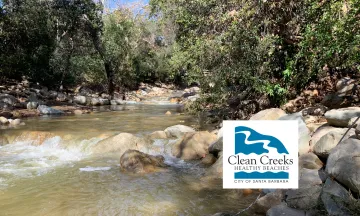 Photo of Mission Creek flowing through Oak Park in Santa Barbara with City of Santa Barbara Creeks Division logo and text "Clean Creeks Healthy Beaches, City of Santa Barbara"