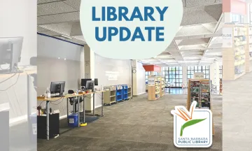 Image shows desks and computers with bookshelves and text that reads "Library Closed"