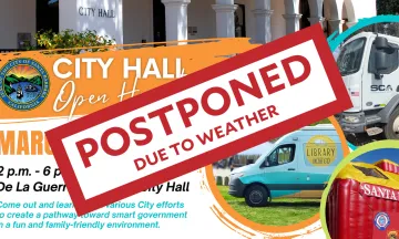 Event flyer showing City Hall, a Public Works Vehicle and the Fire Safety House with a "Postponed for Weather" sticker over the graphics