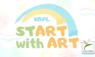 Graphic that reads "Start with Art" in the shape of a rainbow in pastel blue, green and orange