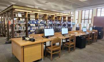 Image shows the main level of the Central Library reopened with computers 