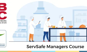 Image depicts an illustration of four people working in a kitchen in chefs hats and jackets with the SBCC and Library logo