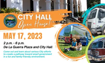 Graphic shows the exterior of City Hall, a public works truck, the Library on the Go Van and a fire truck with event info. 