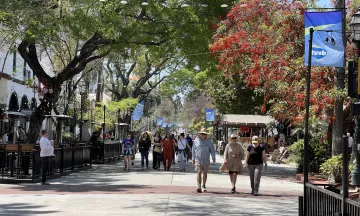 Image shows a scenic shot of people walking the State Street Promenade 