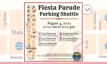 Fiesta Parade Parking Shuttle with map and dates/times