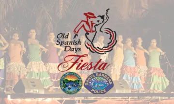Image shows Fiesta dancers dancing with the OSD logo and the City Seal and SBPD Seal