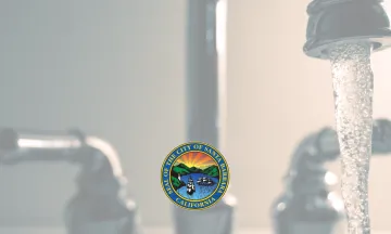 Image shows a faucet with the City seal and text that reads "Late Fees and Service Disconnections to Resume for Past Due Utility Bills"