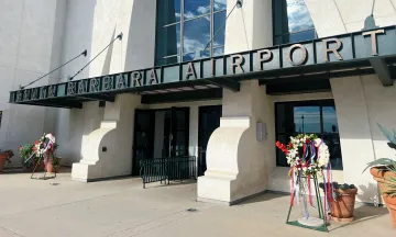 Two wreaths sit outside the SBA terminal entrance in honor of 9/11