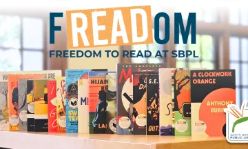 image of books lined up with the words Freedom to Read at SBPL