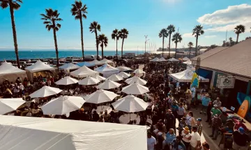 A large crowd gathers along the waterfront. 