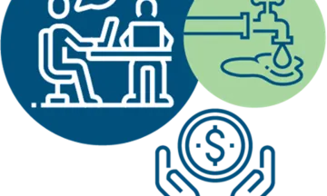 graphic of water faucet, coin, computer