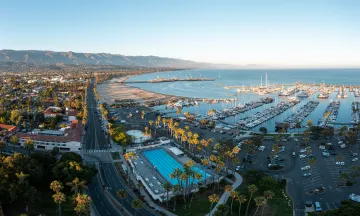 Aerial view of Los Baños del Mar Pool with the city scape and mountains in background