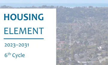 Text in white box reads "Housing element 2023-2031 6th cycle" over a landscape image of downtown santa barbara