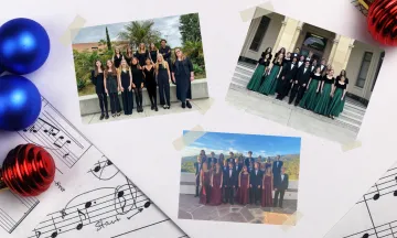 Sheet music covered with ornaments and pictures of three school choirs