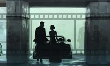 Shadows of a women and a man standing against a film reel background in shades of black and light green. City of Santa Barbara Seal is placed across the image on the bottom lefthand side.