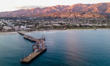Aerial image of downtown Santa Barbara looking toward the north over sterns wharf