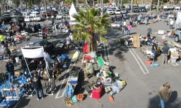 Overhead view of the Nautical Swap Meet showing boats, fishing gear and water sports gear.