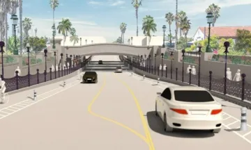 State Street Undercrossing rendering showing rendering of cars traveling alongside widened pedestrian and bike lanes.