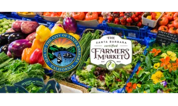 Fresh vegetables on a table. The City seal and Certified Santa Barbara Farmers Market Logo sit across the image. 