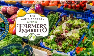 Fresh vegetables on a table. The City seal and Certified Santa Barbara Farmers Market Logo sit across the image. 