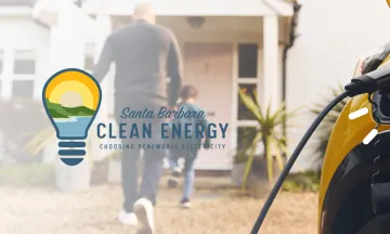 Close up of electric vehicle charger and people walking into a home in the background with Santa Barbara Clean Energy logo