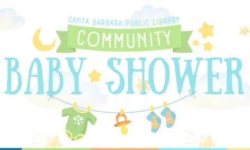 SBPL Community Baby Shower logo featuring stars and baby items with a light blue background